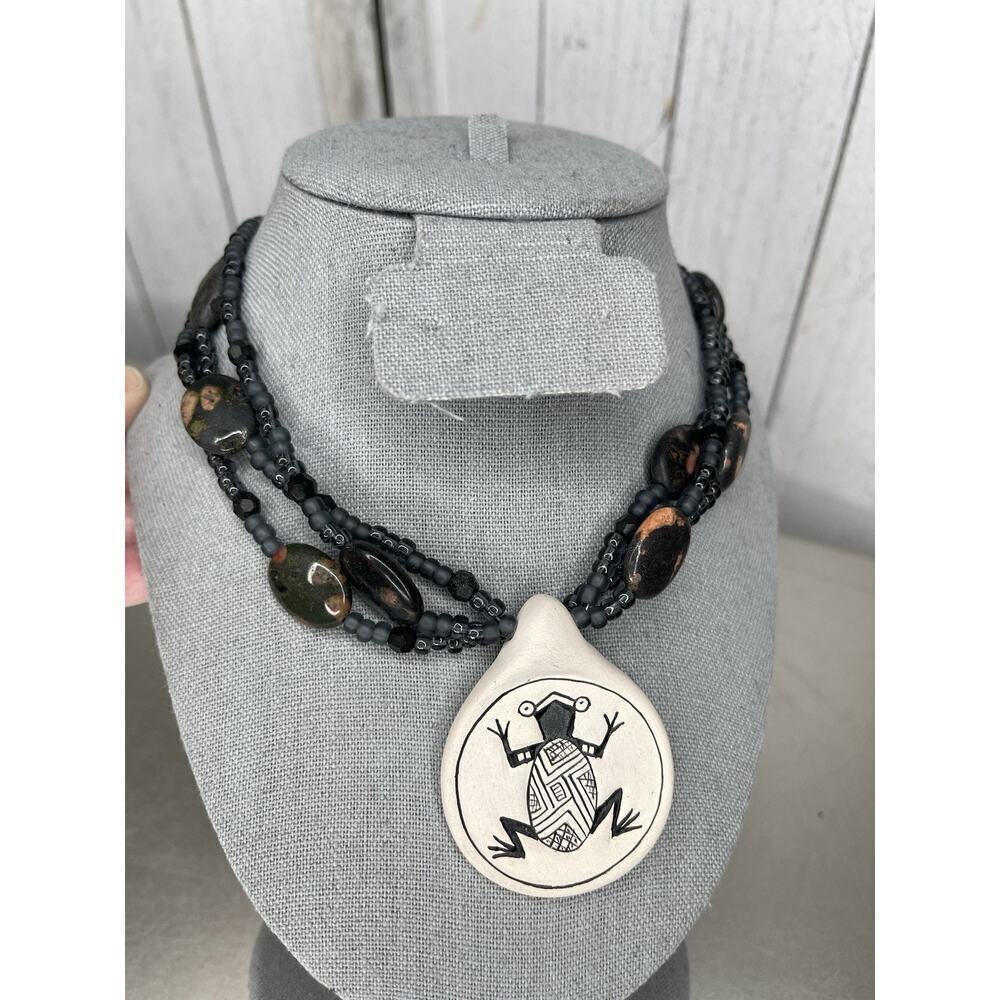Stone Frog Pendant Necklace Multi Beaded Stone & Wood Statement Boho Hippie